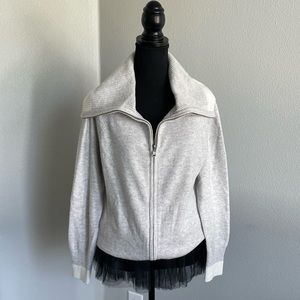 BODEN Full Zip Sweater, gray with ivory detail, SZ US 10, like new.